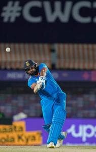 Rohit Sharma hits the ball during the ODI World Cup match