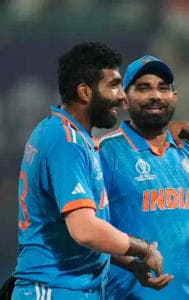 Indian pacer Jasprit Bumrah and Mohammad Shami during IND vs ENG CWC 2023 match