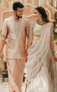 Kalidas looked dapper in a silk pink kurta and dhoti, while Tarini dazzled in a silver and pink lehenga. 