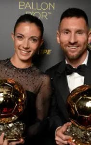 Lionel Messi and Aitana Bonmati pose with Ballon d'Or awards