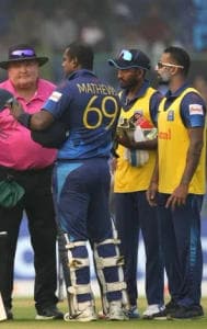 Sri Lanka batter Angelo Mathews has a discussion with match officials during BAN vs SL CWC 2023 matchSri Lanka batter Angelo Mathews has a discussion with match officials during BAN vs SL CWC 2023 match