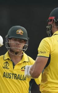 David Warner & Marcus Stoinis do a fist bump during the AUS vs NED CWC 2023 match