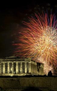 A display of fireworks over the world famous Acropolis in Greece, marking the end of 2023.